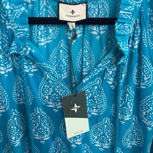 NWT Tuckernuck Tropical Teal Lantern Block Print Tie Neck Caftan Dress Large - Picture 4 of 7